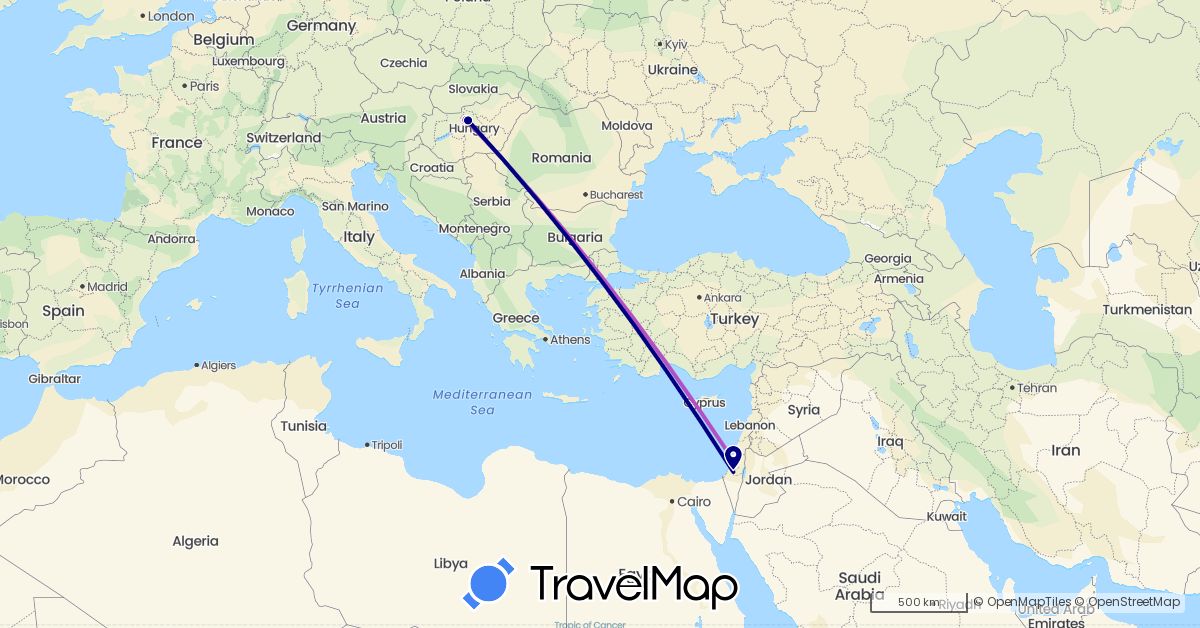 TravelMap itinerary: driving, train in Hungary, Israel (Asia, Europe)